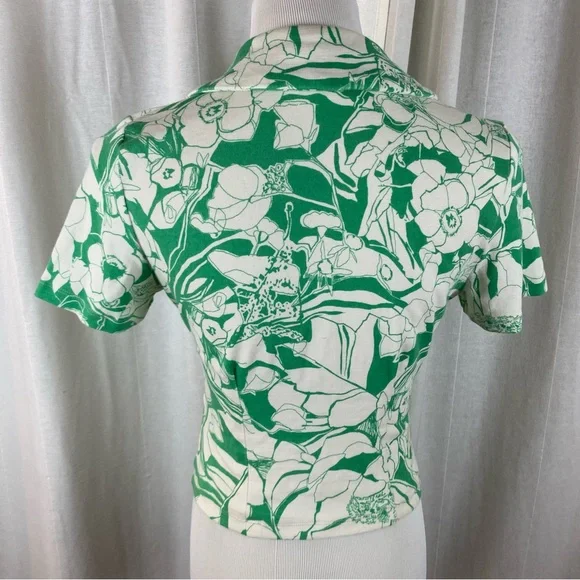 Anthropologie Maeve‎ Women’s Medium Ruched Blouse Green White Floral Collared - Picture 6 of 6